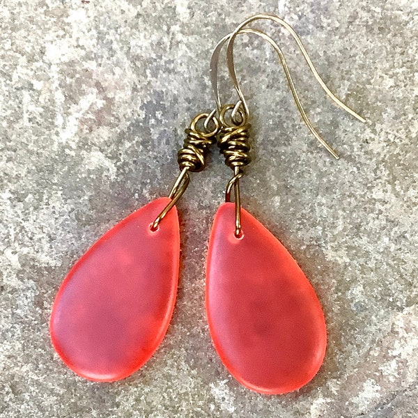 Watermelon Red Glass Teardrop Earrings in Dark Brass