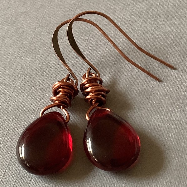 Crimson Drop Earrings, Dark Red Glass Dangles in Antique Copper, 1 1/2"