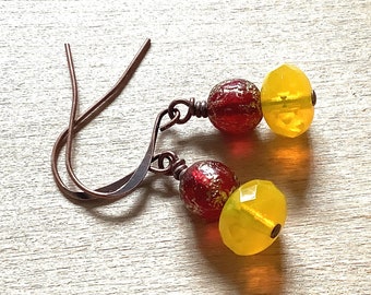 Dark Red and Yellow Earrings, Antique Copper Bead Drops, Moroccan Inspired Jewelry