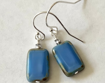 Blue Rectangle Earrings, Water Colored Earrings, Sterling Blue Bead Earrings, Minimalist Jewelry Gift Women