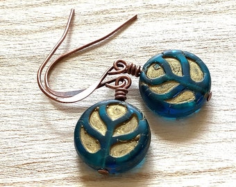 Monstera Leaf Earrings, Floral Glass Beads, Ocean Blue & Gold Dangles