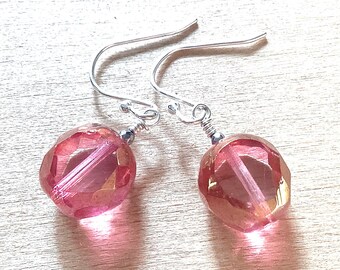 Pink Glass Bead Earrings with Gold Luster Finish, Cute Dangles for Her