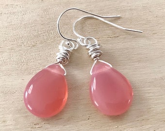 Rose Pink Earrings, Czech Glass Bead Earrings, Valentine Jewelry Gift, 1 1/2”