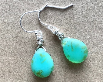 Matte Green Glass Teardrop Earrings with Sterling Silver Ear Hooks