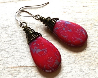 True Red Earrings, Dark Brass Dangles, Czech Glass Jewelry