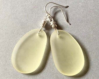 Yellow Sea Glass Earrings, Sterling Silver Beach Glass Jewelry, Pastel Lemon Dangles