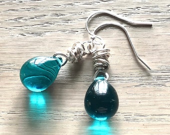 Teal Glass Earrings, Blue Green Teardrops, Czech Bead Dangles