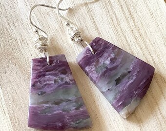 Charoite Sterling Silver Earrings, Purple Stone Earrings, Valentine Gift Wife, 2" Long