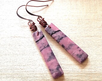 Rhodonite Antique Copper Earrings, Pink and Black Stones, Jewelry Gift Under 40