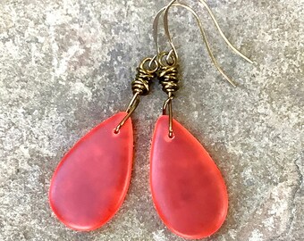 Watermelon Red Sea Glass Earrings, Dark Brass Dangles, Beach Jewelry