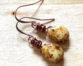 Creamy Brown Drop Earrings in Antique Copper