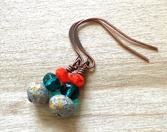 Red and Teal Glass Earrings, Antique Copper Bead Dangles, Minimalist Drops