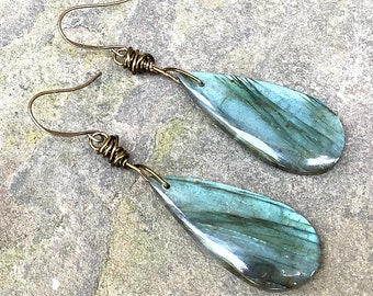 Labradorite Teardrop Dangle Earrings, Dark Brass Stone Drops