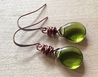 Olive Green Glass Earrings, Antique Copper Mossy Dangles