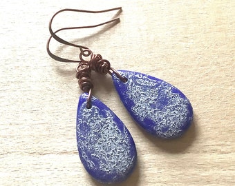 Cobalt Blue Earrings in Antique Copper, Silver Etched Glass Beads