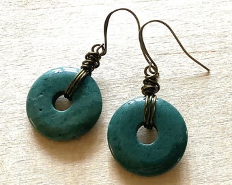 African Jade Earrings, Antique Brass Green Stone Dangles