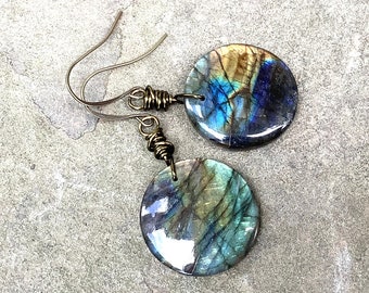 Round Labradorite Dangle Earrings in Antique Brass