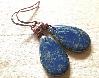 Dark Blue Antique Copper Earrings, Navy Boho Dangles, Jewelry Gift Bestie