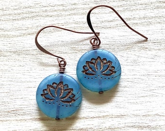 Blue and Gold Lotus Earrings, Antique Copper Floral Dangles