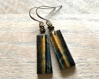 Golden Blue Tiger Eye Earrings, Antique Brass Stone Dangles