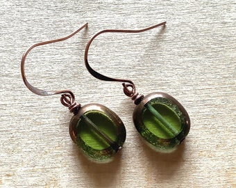 Dark Green Antique Copper Earrings, Oval Olive Glass Dangles, Jewelry Gift Mom