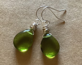 Forest Green Glass Earrings, Nature Lover Gift, Boho Wedding Jewelry, 1 1/2" Long