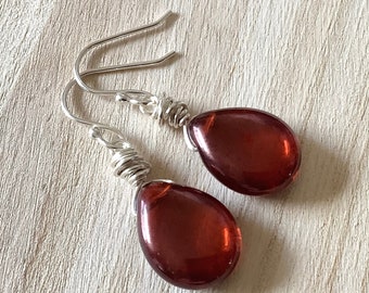 Burgundy Earrings Dangle, Glass Drop Earrings Sterling Silver, 1 1/2"