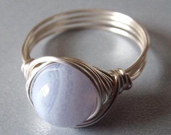 Blue Lace Agate Ring Wire Wrap Ring Pretty Blue Ring Silver Gemstone Ring Light Blue Ring Blue Stone Ring Sterling Silver Filled Ring