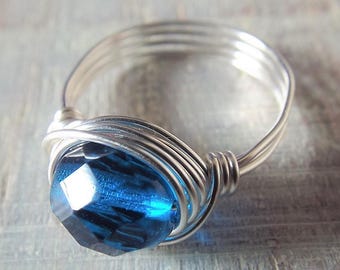 Blue Glass Ring, Wire Wrapped Ring, Silver Wire Ring, Glass Bead Jewelry, Dark Blue Ring, Royal Blue Ring, September Jewelry, Birthday Gift