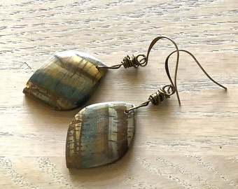 Tiger Eye Earrings in Antique Brass, Brown Stone Boho Dangles, Jewelry for Mom