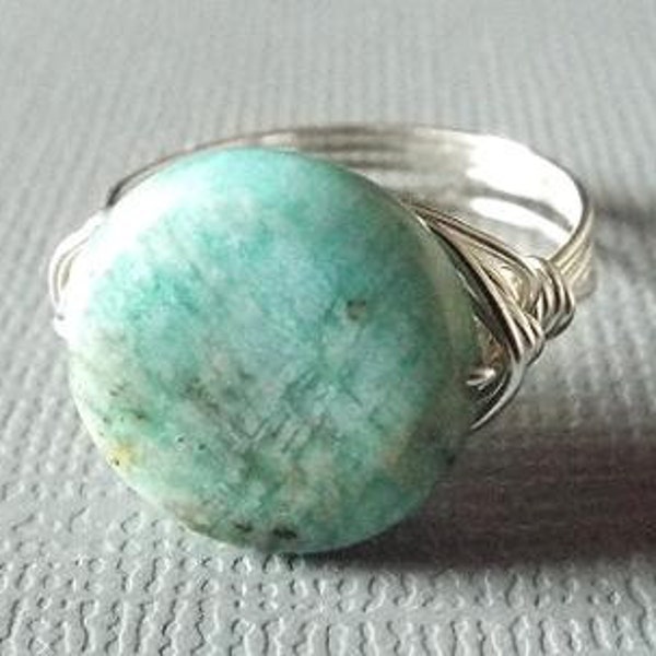 Light Blue Ring, Amazonite Ring, Wire Wrapped Ring, Bohemian Jewelry, Aqua Ring, Ring for Girlfriend, Mint Green Ring, Boho Hippie Ring