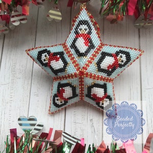 Christmas Penguin, 3D Star, PDF Pattern Download, Peyote Stitch Beading