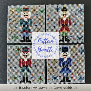 May include: Four square beaded patterns featuring nutcracker figures in various uniforms. The patterns are set against a gray background with snowflake and star accents. The text "Pattern Bundle" is in the center, with "Beaded Perfectly Carol Webb" at the bottom.