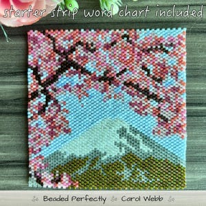 May include: A square beadwork tapestry featuring a mountain landscape with a light blue sky and a snow-capped peak. Pink and dark brown beaded branches frame the top. The text starter strip word chart included is at the top and Beaded Perfectly Carol Webb at the bottom.