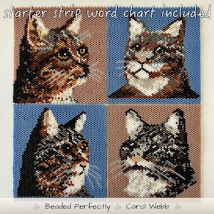 May include: A square beaded tapestry featuring four distinct cat portraits in a grid. Each cat is rendered in brown, black, and white beads against alternating tan and blue backgrounds. The text "starter strip word chart included" is at the top.