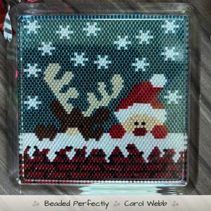 Reindeer with Santa Coaster, PDF Pattern Download, Peyote Stitch Beading
