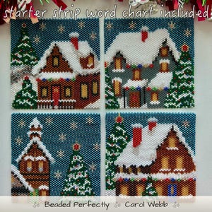 Könnte beinhalten: Vier quadratische Perlenstickereien mit Winterszenen, Häusern, schneebedeckten Dächern und Weihnachtsbäumen vor einem dunkelblauen Himmel. Der Text "starter strip word chart included" steht oben und "Beaded Perfectly Carol Webb" unten.