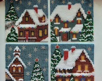 Winter Village Coasters, PDF Patterns Download, Peyote Stitch Beading