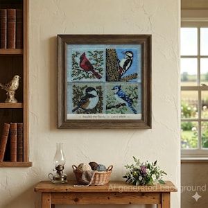 May include: A framed artwork featuring four panels, each showcasing a different bird: a red cardinal, a woodpecker, a chickadee, and a blue jay. The artwork is in a wooden frame and is displayed on a wooden table. The text "Beaded Perfecty Carol Webb" is visible.