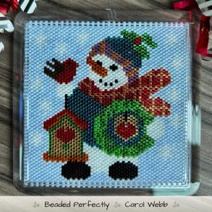Snowman Hearts Coaster, Peyote Stitch Beading, PDF Pattern Download