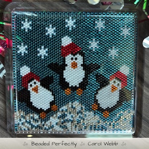 Happy Penguins Coaster, Peyote Stitch Beading, PDF download pattern