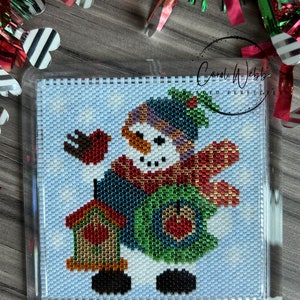 Snowman Hearts Coaster, Peyote Stitch Beading, PDF Pattern Download