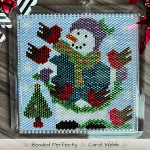 Snowman Robins Coaster, Peyote Stitch Beading, PDF Download Pattern