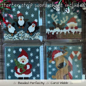 May include: Four square beaded panels featuring holiday designs: three penguins in red hats, a reindeer peeking over a snowy roof, Santa Claus holding a green tree, and a reindeer with a candy cane. Text reads: starter strip word chart included.