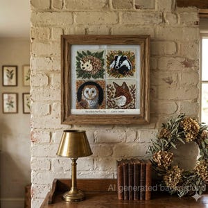Puede incluir: Una obra de arte enmarcada con cuatro paneles bordados que representan un erizo, un tejón, un búho y un zorro. La obra de arte se exhibe en una pared de ladrillo, con una lámpara de latón y libros sobre una mesa de madera. El texto "Beaded Perfectly Carol Webb" es visible.