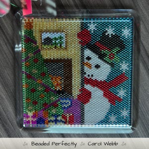 Snowman Peeking Coaster, PDF Download Pattern, Peyote Stitch Beading