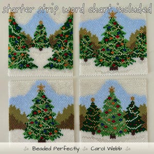 May include: Four square beaded panels featuring Christmas tree designs with colourful ornaments, gold stars, and snowy landscapes against a light blue sky. The text "starter strip word chart included" and "Beaded Perfectly Carol Webb" is visible.