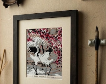 Japanese Red Crowned Cranes, PDF Pattern Download, Peyote Stitch Beading
