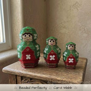 May include: Three beaded nesting dolls in a row. The dolls are green, red, and white, with a floral pattern and a house design. The text at the bottom says "Beaded Perfectly Carol Webb".