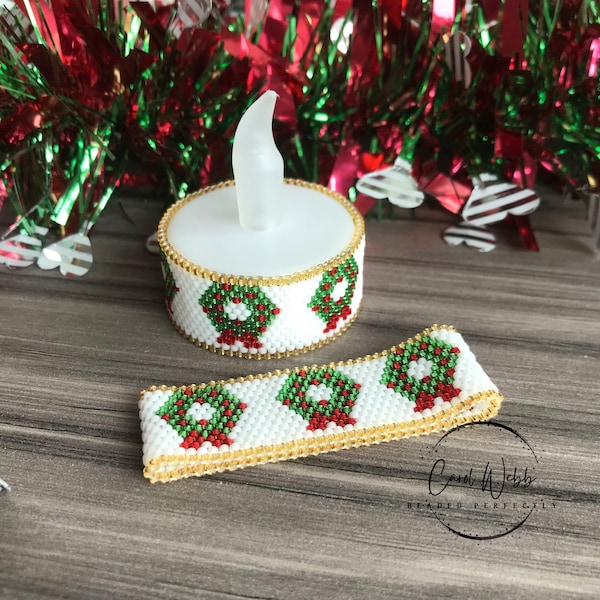 Christmas Wreath Tea Light Wrap, Peyote Stitch Beading, PDF Pattern Download
